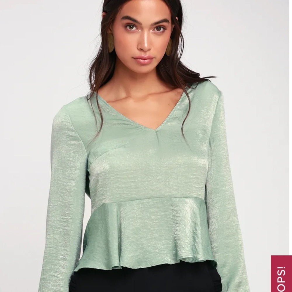 Lulus Silky Seafoam Green Peplum Long Sleeve S